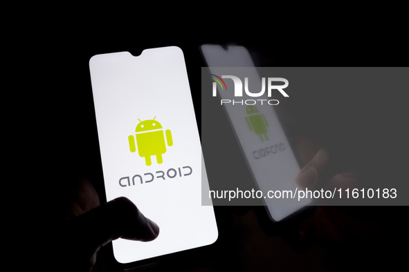 The Android logo displays on a smartphone screen in Athens, Greece, on September 26, 2024. 