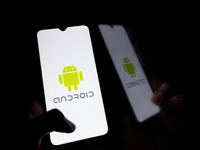 The Android logo displays on a smartphone screen in Athens, Greece, on September 26, 2024. (