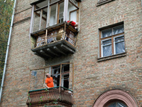 A residential building is damaged by falling wreckage of a downed Russian 'Shahed' drone in the Pechersk district of Kyiv, Ukraine, on Septe...