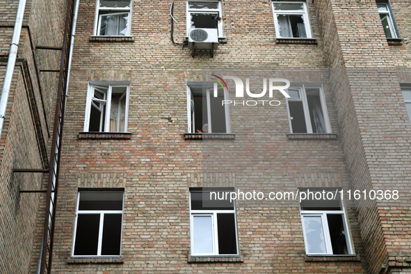 A residential building is damaged by falling wreckage of a downed Russian 'Shahed' drone in the Pechersk district of Kyiv, Ukraine, on Septe...