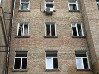 A residential building is damaged by falling wreckage of a downed Russian 'Shahed' drone in the Pechersk district of Kyiv, Ukraine, on Septe...