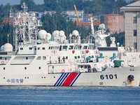 Coast guard ships are seen at a dock in Yantai, China, on September 26, 2024. (