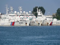 Coast guard ships are seen at a dock in Yantai, China, on September 26, 2024. (