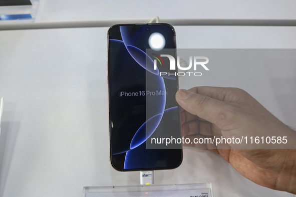 A customer checks Apple's latest iPhone 16 Pro Max series displayed for sale at Master Arts Shop in Srinagar, Jammu and Kashmir, on Septembe...