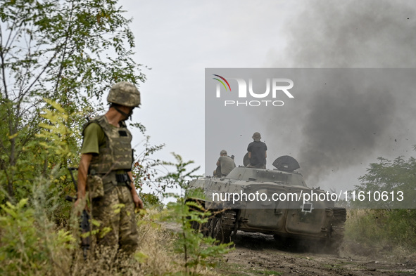 An armored personnel carrier is seen during combat coordination of the 65th Separate Mechanized Brigade of the Armed Forces of Ukraine in Uk...