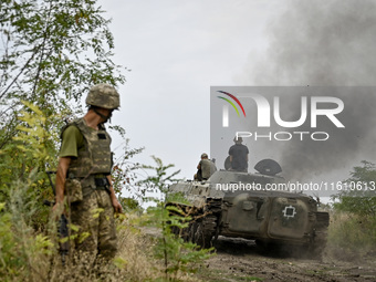 An armored personnel carrier is seen during combat coordination of the 65th Separate Mechanized Brigade of the Armed Forces of Ukraine in Uk...