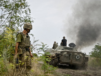 An armored personnel carrier is seen during combat coordination of the 65th Separate Mechanized Brigade of the Armed Forces of Ukraine in Uk...