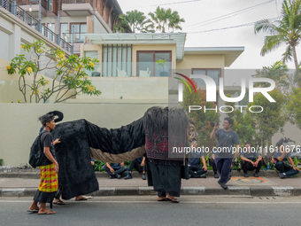 A group of children is seen performing Ngelawang, a traditional ritual featuring the Barong Bangkung, a barong with the head of a wild boar,...