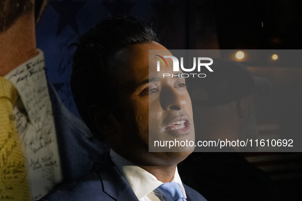 Vivek Ramaswamy speaks to the press during a press gaggle after the town hall.  In Waukesha, Wisconsin., on September 25, 2024. 