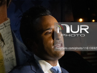 Vivek Ramaswamy speaks to the press during a press gaggle after the town hall.  In Waukesha, Wisconsin., on September 25, 2024. (