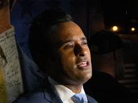 Vivek Ramaswamy speaks to the press during a press gaggle after the town hall.  In Waukesha, Wisconsin., on September 25, 2024. (