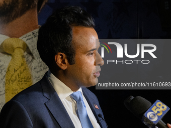 Vivek Ramaswamy speaks to the press during a press gaggle after the town hall.  In Waukesha, Wisconsin., on September 25, 2024. (