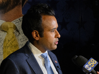 Vivek Ramaswamy speaks to the press during a press gaggle after the town hall.  In Waukesha, Wisconsin., on September 25, 2024. (