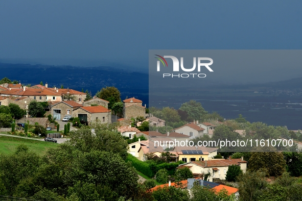 Thunderstorms occur during storm Aitor in the village of Veranne, Pilat Regional Natural Park, on September 26, 2024. 