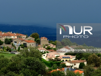 Thunderstorms occur during storm Aitor in the village of Veranne, Pilat Regional Natural Park, on September 26, 2024. (