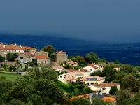 Thunderstorms occur during storm Aitor in the village of Veranne, Pilat Regional Natural Park, on September 26, 2024. (