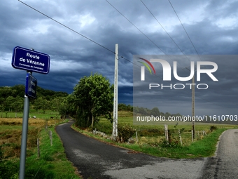 Thunderstorms occur during storm Aitor in the village of Veranne, Pilat Regional Natural Park, on September 26, 2024. (