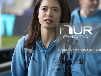 Yui Hasegawa #25 of Manchester City W.F.C. arrives at the Joie Stadium during the UEFA Women's Champions League Second Round 2nd Leg match b...