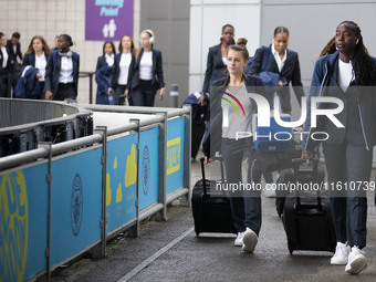 The Paris FC team arrives at the Joie Stadium during the UEFA Women's Champions League Second Round 2nd Leg match between Manchester City an...