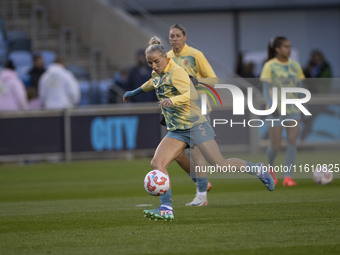 Alex Greenwood #5 of Manchester City W.F.C. warms up during the UEFA Women's Champions League Second Round 2nd Leg match between Manchester...