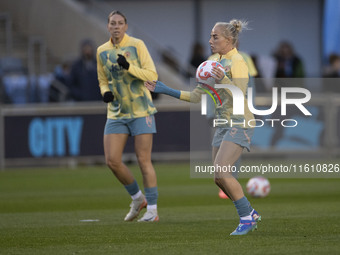 Alex Greenwood #5 of Manchester City W.F.C. warms up during the UEFA Women's Champions League Second Round 2nd Leg match between Manchester...