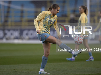 Gracie Prior #28 of Manchester City W.F.C. warms up during the UEFA Women's Champions League Second Round 2nd Leg match between Manchester C...