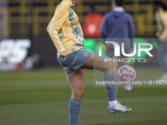 Gracie Prior #28 of Manchester City W.F.C. warms up during the UEFA Women's Champions League Second Round 2nd Leg match between Manchester C...