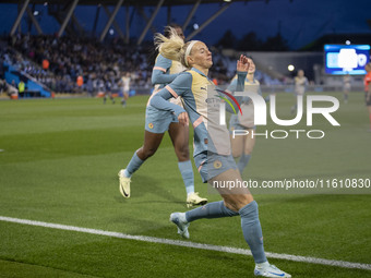 Chloe Kelly #9 of Manchester City W.F.C. celebrates her goal during the UEFA Women's Champions League Second Round 2nd Leg match between Man...