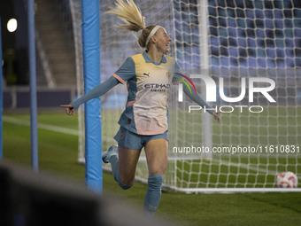 Chloe Kelly #9 of Manchester City W.F.C. celebrates her goal during the UEFA Women's Champions League Second Round 2nd Leg match between Man...