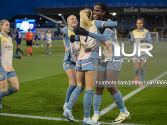 Chloe Kelly #9 of Manchester City W.F.C. celebrates her goal during the UEFA Women's Champions League Second Round 2nd Leg match between Man...