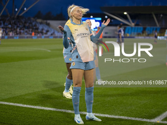 Chloe Kelly #9 of Manchester City W.F.C. celebrates her goal during the UEFA Women's Champions League Second Round 2nd Leg match between Man...