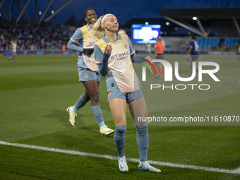 Chloe Kelly #9 of Manchester City W.F.C. celebrates her goal during the UEFA Women's Champions League Second Round 2nd Leg match between Man...