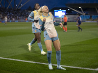 Chloe Kelly #9 of Manchester City W.F.C. celebrates her goal during the UEFA Women's Champions League Second Round 2nd Leg match between Man...