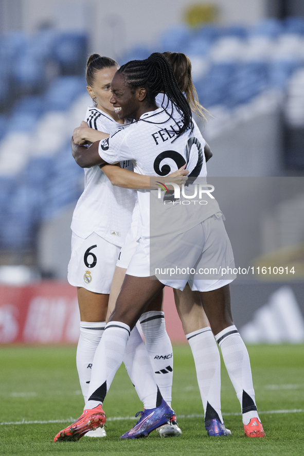 Several players of Real Madrid women celebrate a goal during the UEFA Women's Champions League 24/25 match, Round 2, second leg between Real...