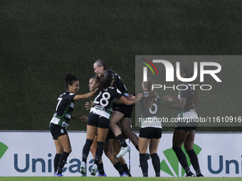 Several players of Sporting Portugal women celebrate a goal during the UEFA Women's Champions League 24/25 match, Round 2, second leg betwee...