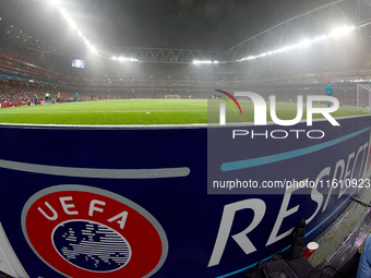 A UEFA ''Respect'' branding board is at the match venue during the UEFA Champions League Group D soccer match between Arsenal and Borussia D...