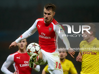 Aaron Ramsey of Arsenal is in action during the UEFA Champions League Group D soccer match between Arsenal and Borussia Dortmund at the Emir...