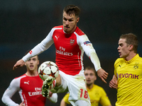 Aaron Ramsey of Arsenal is in action during the UEFA Champions League Group D soccer match between Arsenal and Borussia Dortmund at the Emir...