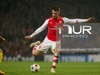 Aaron Ramsey of Arsenal is in action during the UEFA Champions League Group D soccer match between Arsenal and Borussia Dortmund at the Emir...