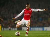 Aaron Ramsey of Arsenal is in action during the UEFA Champions League Group D soccer match between Arsenal and Borussia Dortmund at the Emir...