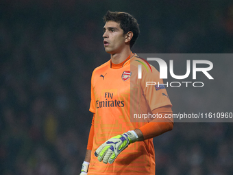 Emiliano Martinez, goalkeeper of Arsenal, gestures during the UEFA Champions League Group D soccer match between Arsenal and Borussia Dortmu...