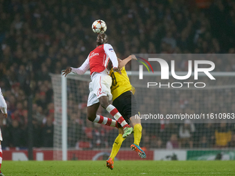 Yaya Sanogo of Arsenal is in action during the UEFA Champions League Group D soccer match between Arsenal and Borussia Dortmund at the Emira...