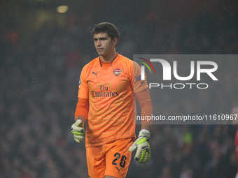 Emiliano Martinez, goalkeeper of Arsenal, gestures during the UEFA Champions League Group D soccer match between Arsenal and Borussia Dortmu...