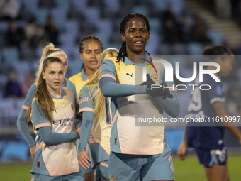 Khadija Shaw #21 of Manchester City W.F.C. celebrates her goal during the UEFA Women's Champions League Second Round 2nd Leg match between M...