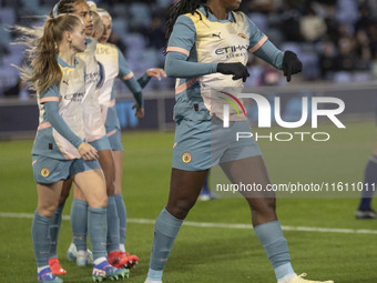 Khadija Shaw #21 of Manchester City W.F.C. celebrates her goal during the UEFA Women's Champions League Second Round 2nd Leg match between M...