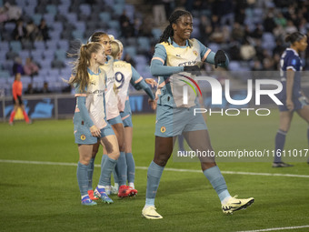 Khadija Shaw #21 of Manchester City W.F.C. celebrates her goal during the UEFA Women's Champions League Second Round 2nd Leg match between M...