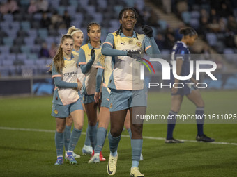 Khadija Shaw #21 of Manchester City W.F.C. celebrates her goal during the UEFA Women's Champions League Second Round 2nd Leg match between M...