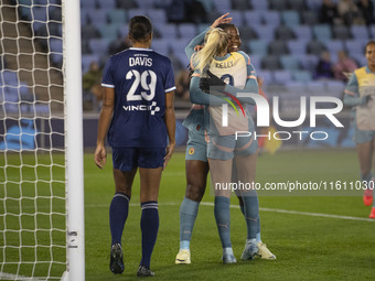 Khadija Shaw #21 of Manchester City W.F.C. celebrates her goal during the UEFA Women's Champions League Second Round 2nd Leg match between M...