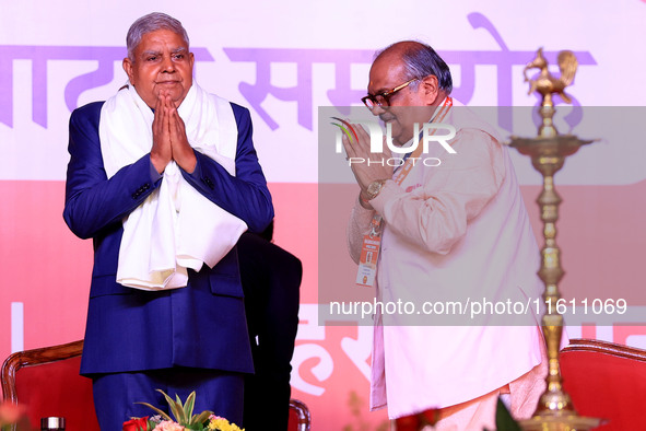 Vice President Jagdeep Dhankhar is welcomed during the inauguration of the 'Hindu Spiritual and Service Fair' in Jaipur, Rajasthan, India, o...