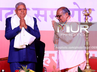 Vice President Jagdeep Dhankhar is welcomed during the inauguration of the 'Hindu Spiritual and Service Fair' in Jaipur, Rajasthan, India, o...